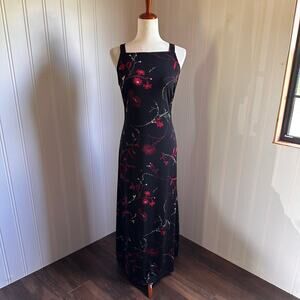 Vintage 90s/Y2K Whimsigoth Black Floral Maxi Dress Juniors 11/12